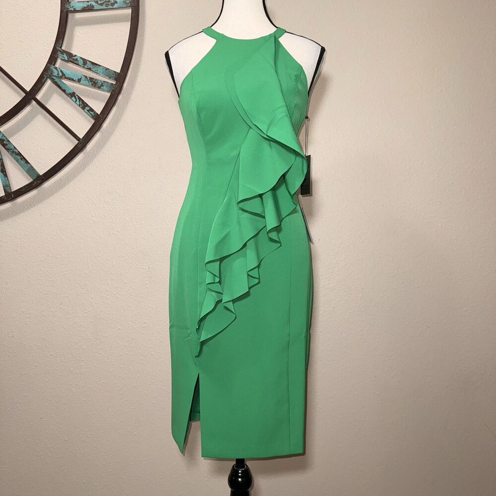 Vince Camuto Dress Size 0 NWT Green Sleeveless Lined Sheath Ruffle Front Slit